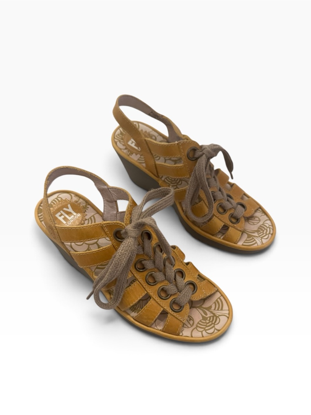 Fly London Mustard Brown Lace-Up Wedge Sandals